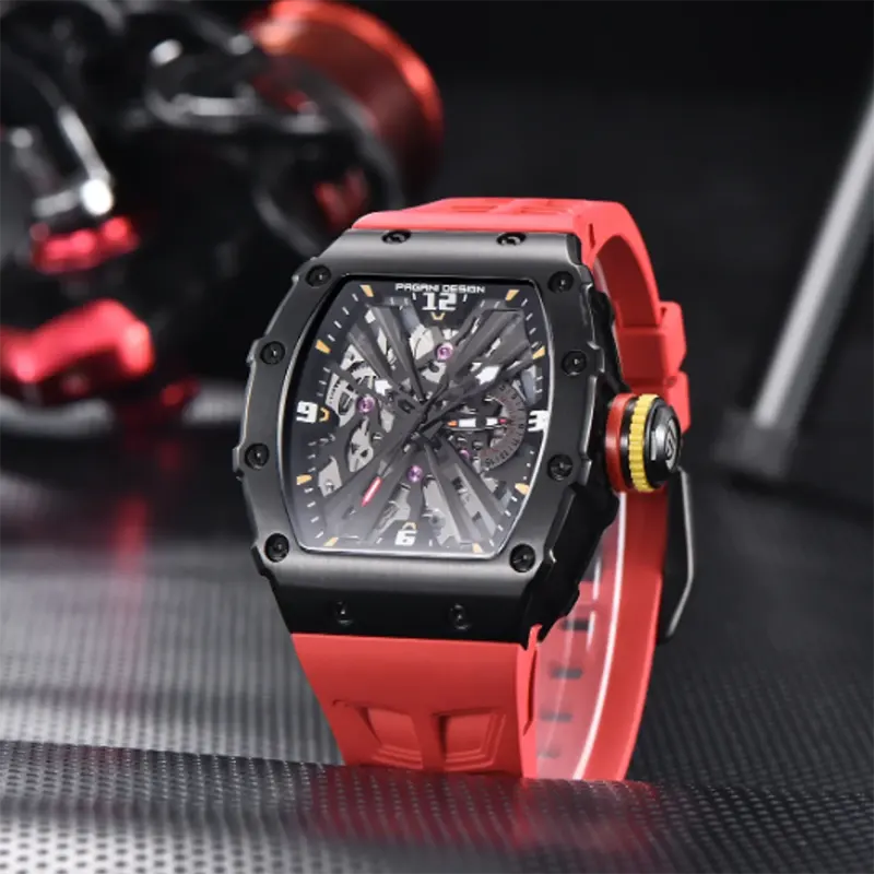 Pagani Design Black Skeleton Dial Red Strap Men's Watch- PD-1738